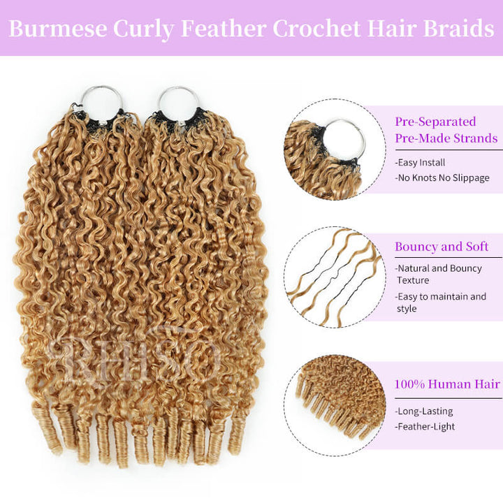 RhisoHair #27 Honey Blonde Burmese Curly Crochet Hair Machine Made Feather Human Hair Extension