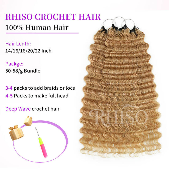RhisoHair #27 Honey Blonde Deep Wave Crochet Hair Machine Made Feather Human Hair Extension