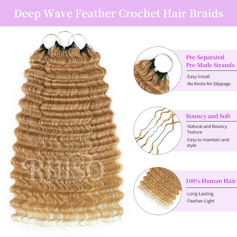 RhisoHair #27 Honey Blonde Deep Wave Crochet Hair Machine Made Feather Human Hair Extension