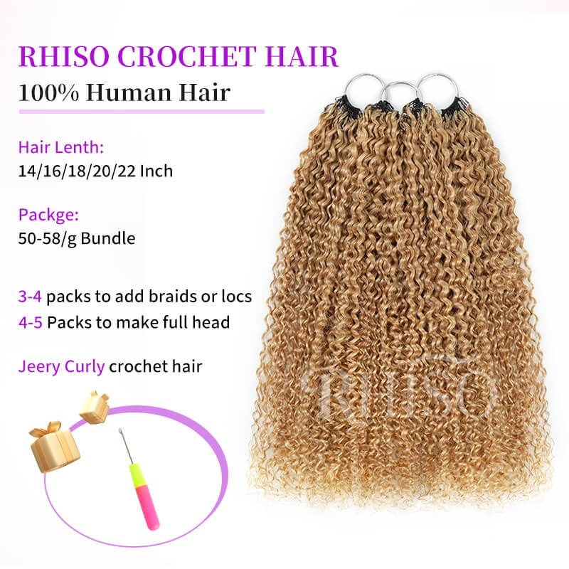 RhisoHair #27 Honey Blonde Jerry Curly Crochet Hair Machine Made Feather Human Hair Extension