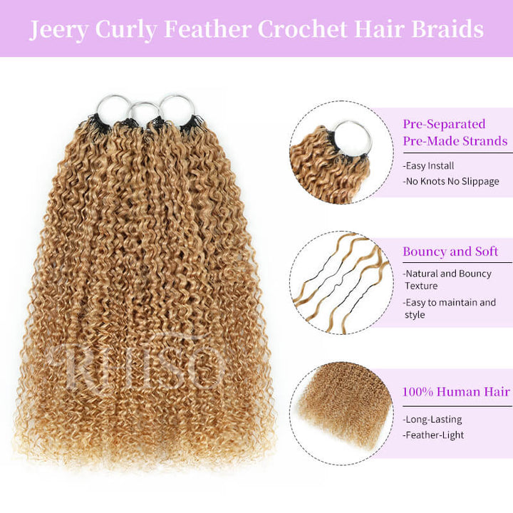 RhisoHair #27 Honey Blonde Jerry Curly Crochet Hair Machine Made Feather Human Hair Extension