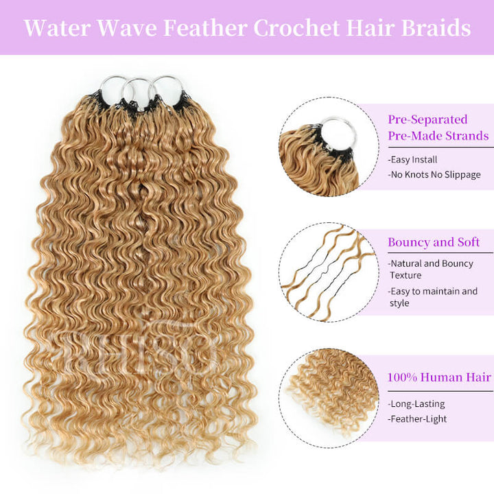 RhisoHair #27 Honey Blonde Water Wave Crochet Hair Machine Made Feather Human Hair Extension