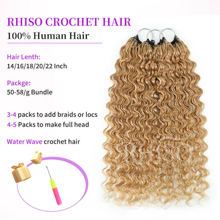 RhisoHair #27 Honey Blonde Water Wave Crochet Hair Machine Made Feather Human Hair Extension