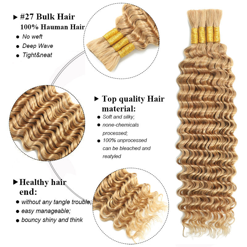 Honey Hlonde #27 Color Bulk Human Hair For Braiding Curly Hair Bundles No Weft Deep Curly Wave Braiding Hair for Boho Braids