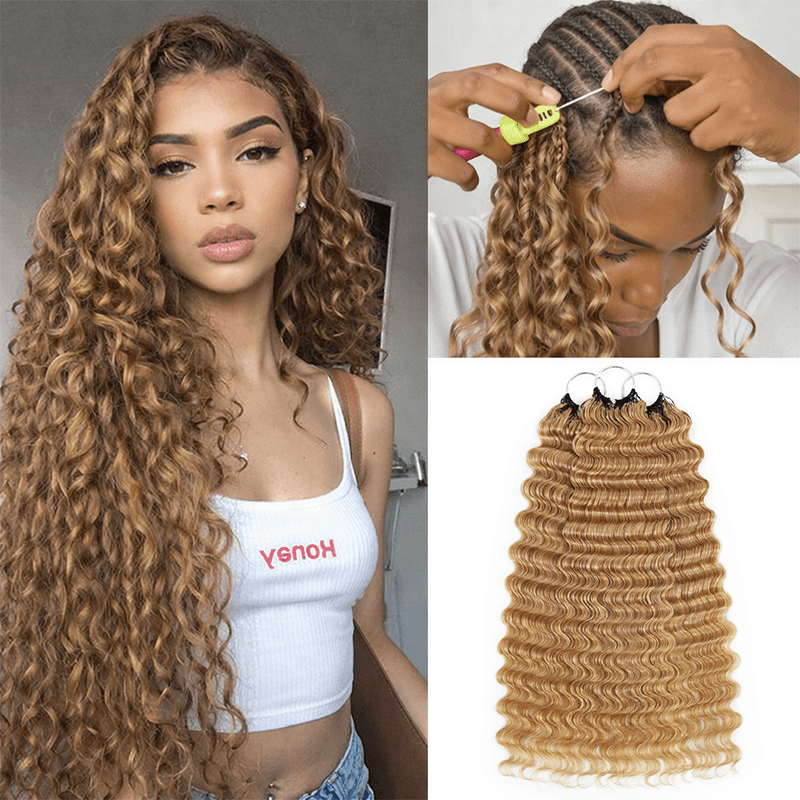 RhisoHair 27 Honey Blonde Crochet Hair Deep Wave/Water Wave/Jerry Curly/Burmese Curly/Body Wave Machine Made Feather Human Hair Extension