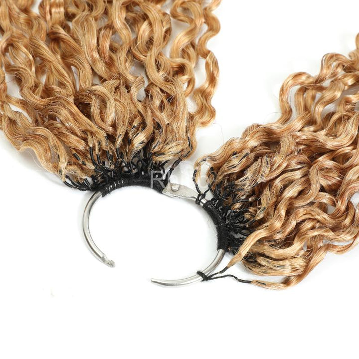 RhisoHair #27 Honey Blonde Burmese Curly Crochet Hair Machine Made Feather Human Hair Extension