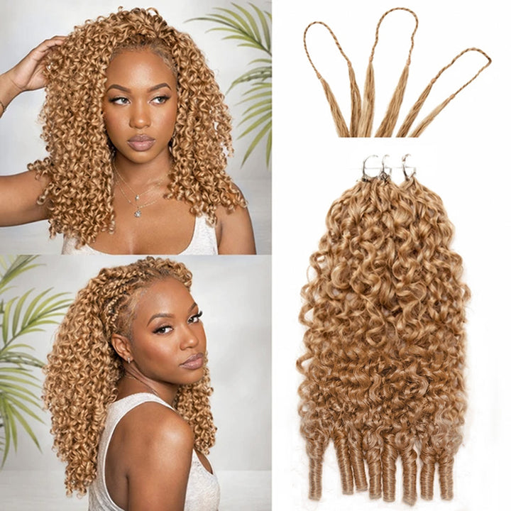 RhisoHair #27 Honey Blonde Burmese Curly Crochet Hair Machine Made Feather Human Hair Extension 