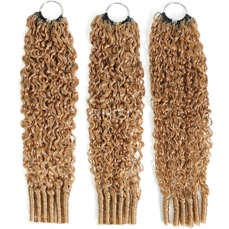 RhisoHair #27 Honey Blonde Burmese Curly Crochet Hair Machine Made Feather Human Hair Extension