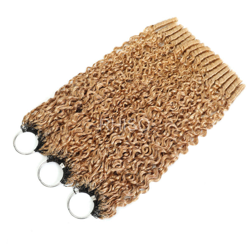 RhisoHair #27 Honey Blonde Burmese Curly Crochet Hair Machine Made Feather Human Hair Extension