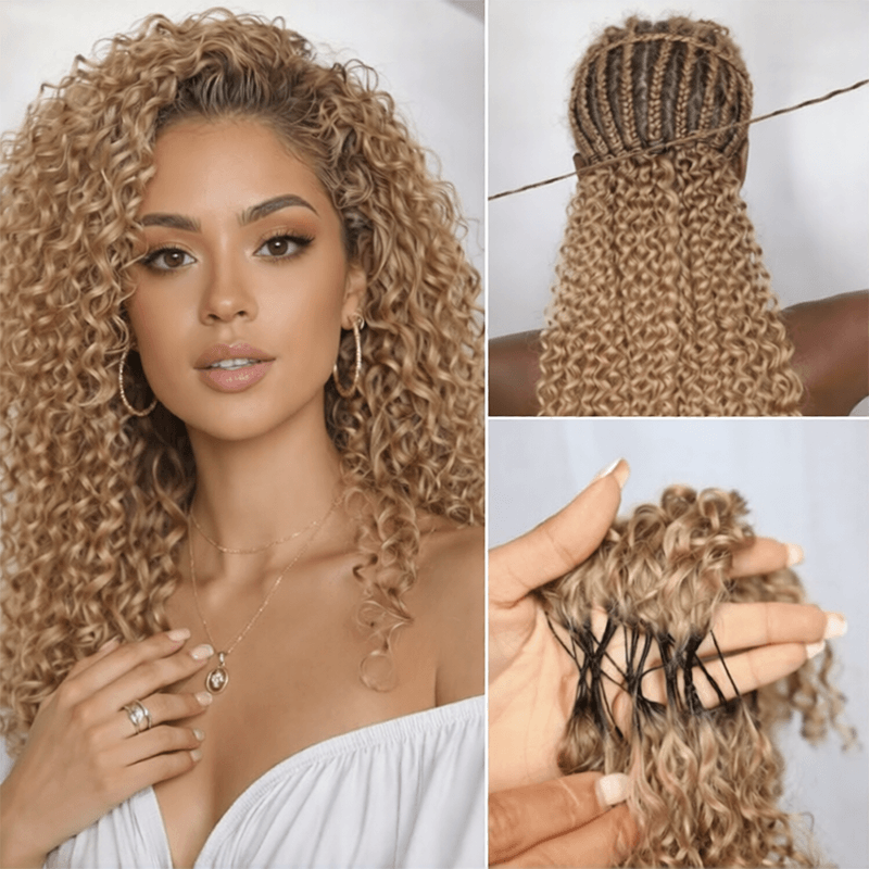 RhisoHair #27 Honey Blonde Deep Wave Crochet Hair Machine Made Feather Human Hair Extension