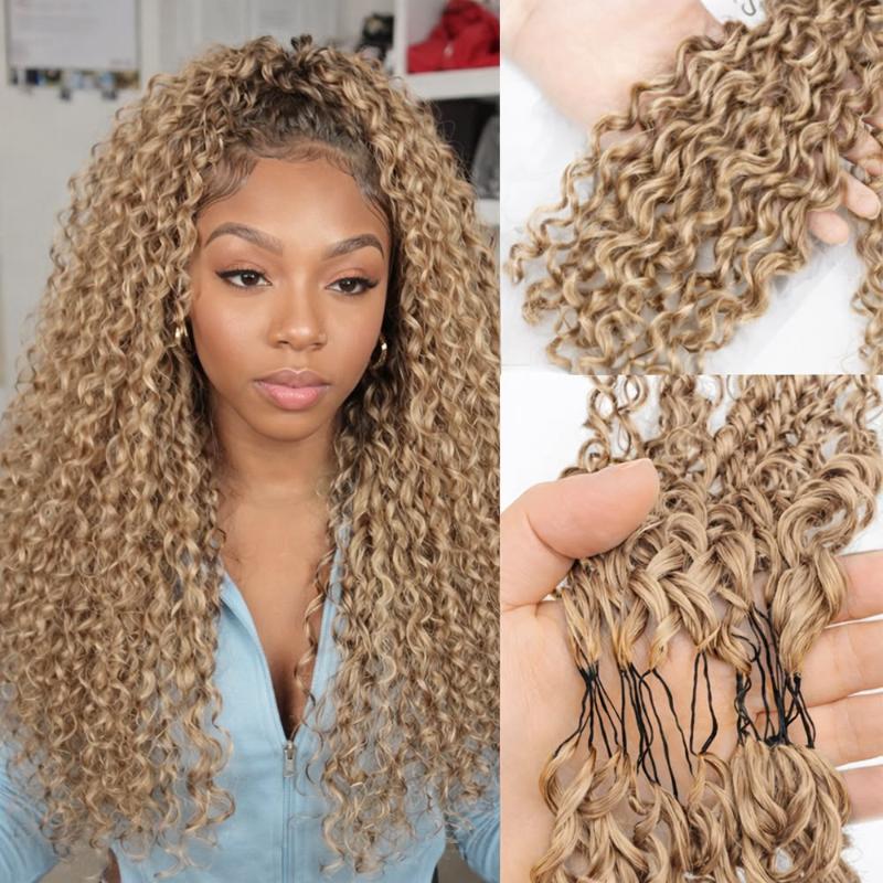 RhisoHair #27 Honey Blonde Jerry Curly Crochet Hair Machine Made Feather Human Hair Extension
