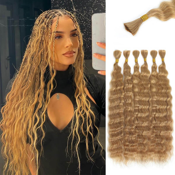 RHISO 18Inch #27 Honey Blonde Super Wave Bulk Human Hair Extensions for Boho Braids – Wet and Wavy No Weft Human Hair 4 Bundles/Pack 160g