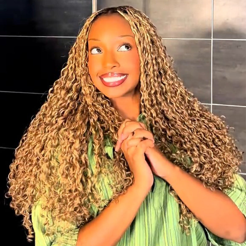 RhisoHair #27 Honey Blonde Water Wave Crochet Hair Machine Made Feather Human Hair Extension