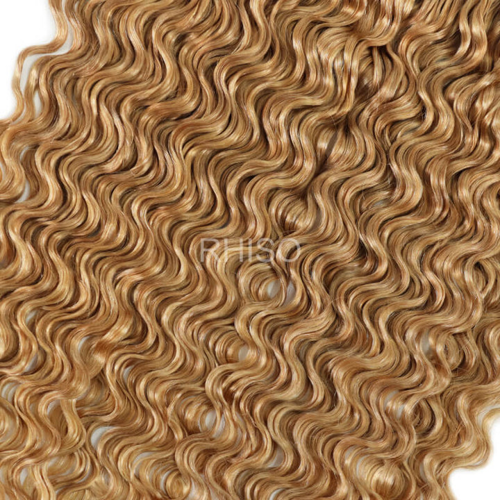 RhisoHair #27 Honey Blonde Water Wave Crochet Hair Machine Made Feather Human Hair Extension