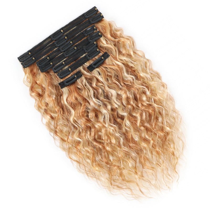 P27/613 Honey Blonde Highlight Super Wave Seamless Clip In Human Hair Extensions For Black Women
