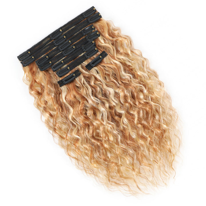 P27/613 Honey Blonde Highlight Super Wave Seamless Clip In Human Hair Extensions For Black Women