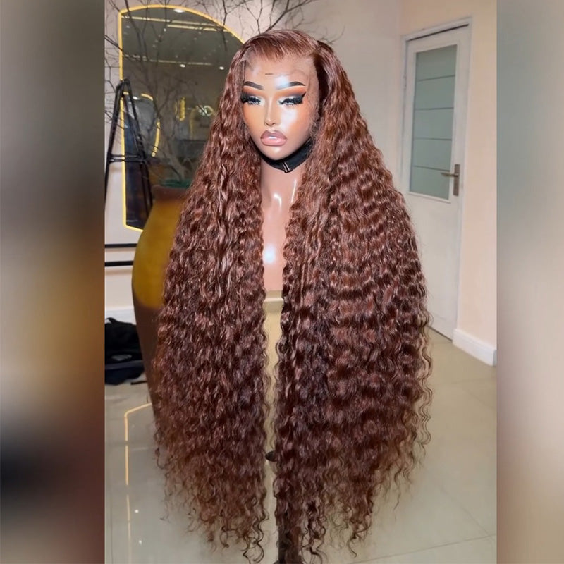 #30 Auburn Brown Deep Wave Human Hair Wig 6x6 13x6 Transparent Lace Frontal Wig 300% Density
