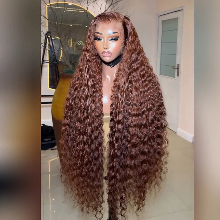 #30 Auburn Brown Deep Wave Human Hair Wig 6x6 13x6 Transparent Lace Frontal Wig 300% Density