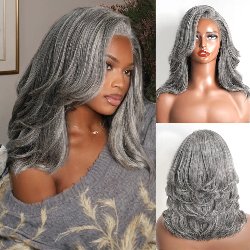 5x5 Salt & Pepper Layered Cut Wave Wig Gray Pre-Cut Glueless Human Hair Wig Beginner Friendly