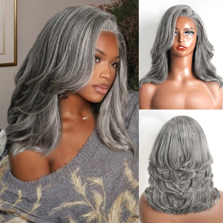 5x5 Salt & Pepper Layered Cut Wave Wig Gray Pre-Cut Glueless Human Hair Wig Beginner Friendly