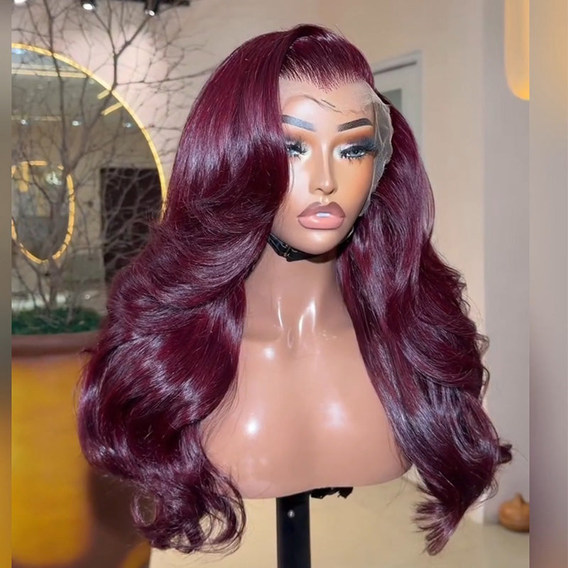 #99J Wine Red Body Wave Human Hair Wig 6x6/13x6 Transparent Lace Frontal Wig 300% Density