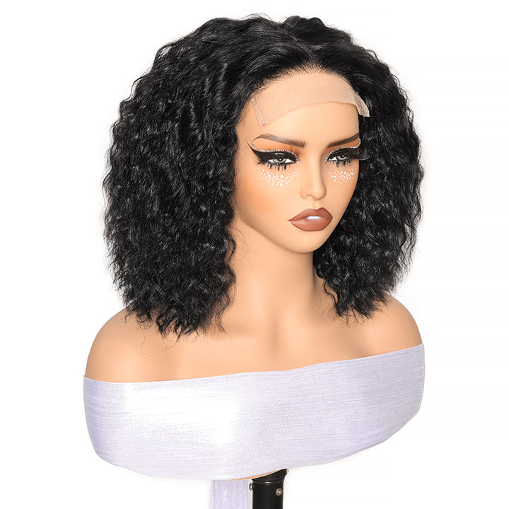 300% Density Pull To Go Super Wave Human Hair Bob Wig 5x5 Glueless Lace Closure Wig with Adjustable drawstring Straps In Natural Black
