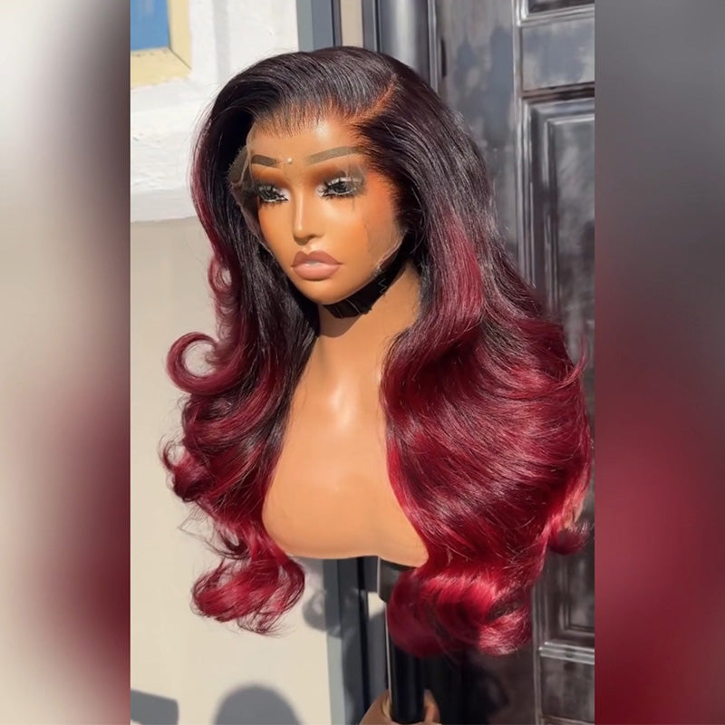 Dark Root 99J Burgundy Ombre Body Wave Human Hair Wig 6x6 13x6 Transparent Lace Frontal Wig 300% Density