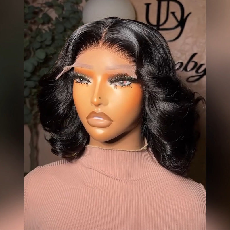 300 Density Pull To Go Romantic Wave Human Hair Bob Wig 5x5/13x4 Loose Body Wave Lace Frontal Wig In Natural Black