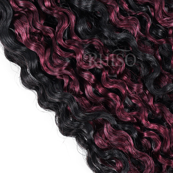 P1B/99J Burgundy Highlight Burmese Curly Crochet Human Hair Miracle Konts Feather 100% Human Hair Extension