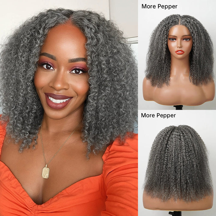 5x5 Closure Burmese Curly Salt & Pepper Free Parting Glueless Human Hair Wig Gray Color Pre-Cut Lace Bob Wig
