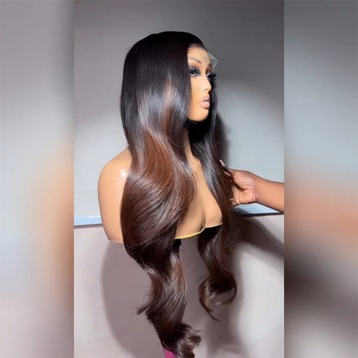 Dark Root to #4 Chocolate Brown Ombre Body Wave Human Hair Wig 6x6 13x6 Transparent Lace 300% Density
