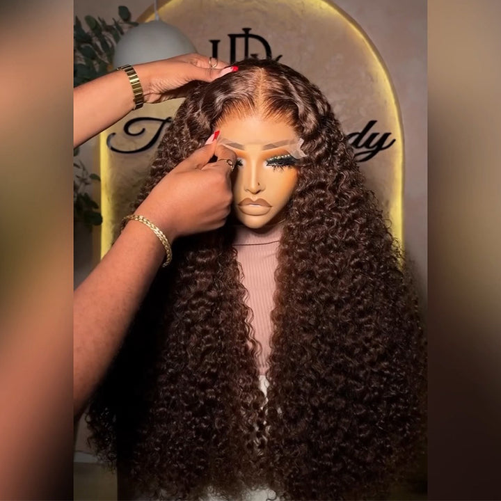 #4 Chocolate Brown Deep Curly Human Hair Wig with Middle Part 6x6/13x6 Transparent Lace Frontal Wig 300% Density