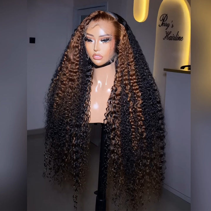 Natural Black Deep Curly Human Hair Wig with #30 Caramel Brown Highlights 6x6/13x6 Transparent Lace Frontal Wig 300% Density