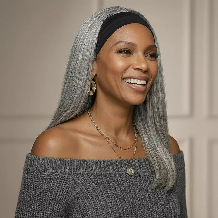 Standard Salt & Pepper Straight Headband Human Hair Wig Silver Gray Glueless Wigs For Women
