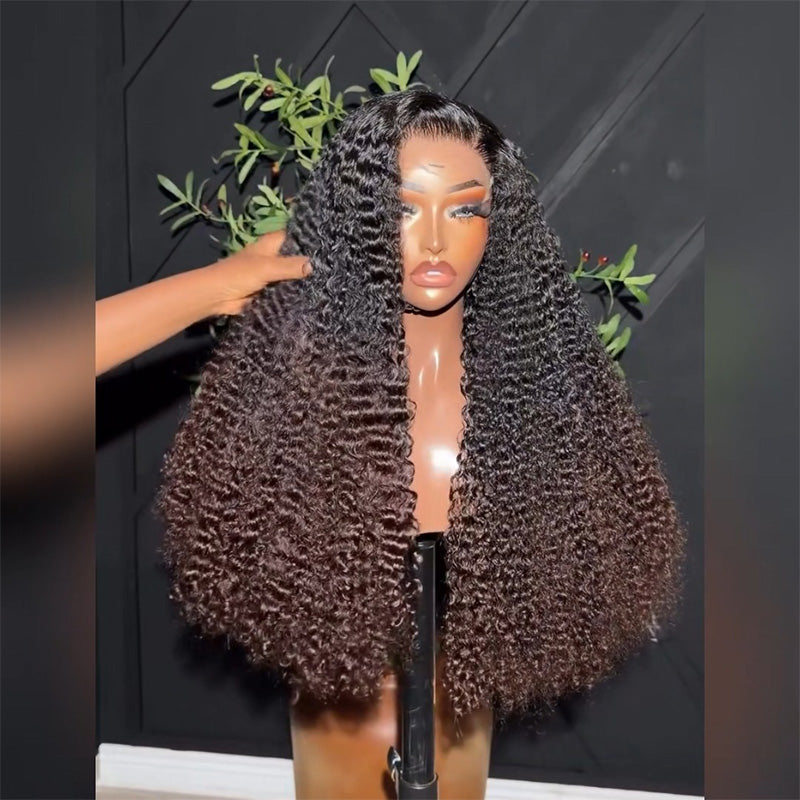 Black Roots Fade To #4 Dark Brown Ends Deep Curly Human Hair Wig 6x6 13x6 Transparent Lace 300% Density