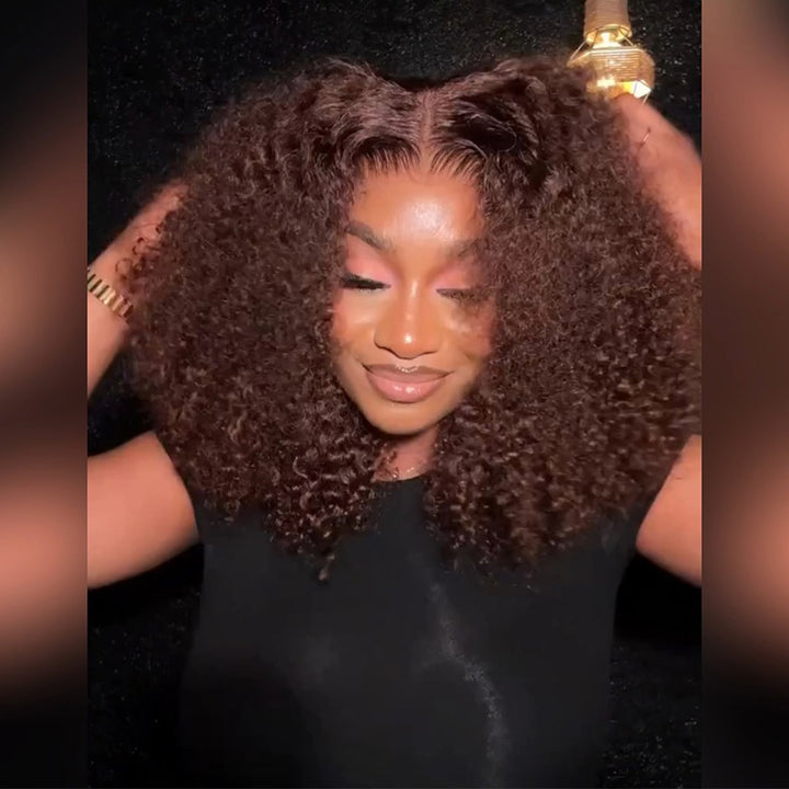 Pre-plucked #4 Chocolate Brown Kinky Curly Human Hair Bob Wig 5x5/13x4 Glueless Lace Frontal Wig 300 Density
