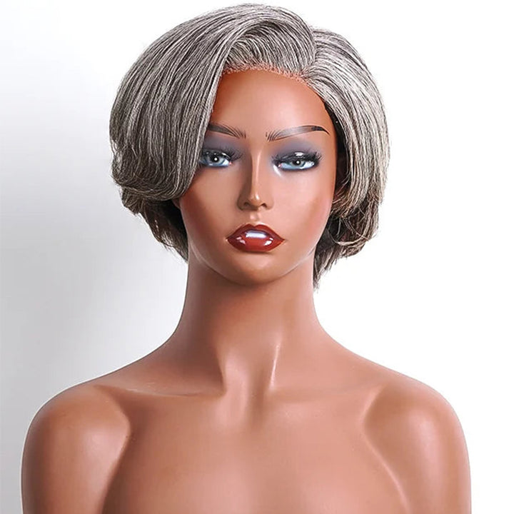 5x5 Closure Salt & Pepper Pixie Cut Side Part Glueless Human Hair Wig For Black Women