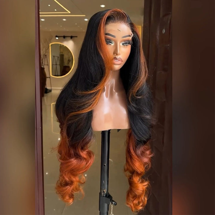 300% Density T1B/350 Ombre Ginger Body Wave Human Hair Wig with Face-Framing Highlights 6x6/13x6 Transparent Lace Frontal Wig