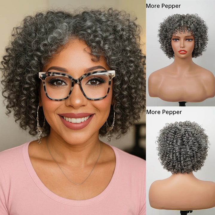 Salt And Pepper Ringlet Curls Glueless Human Hair Wig With Bangs