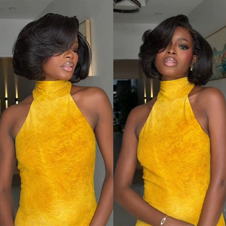 8 Inch Side Part Blowout Layered Wavy Bob Wig 6x6 Glueless Lace Closure Human Hair Wig 300% Density