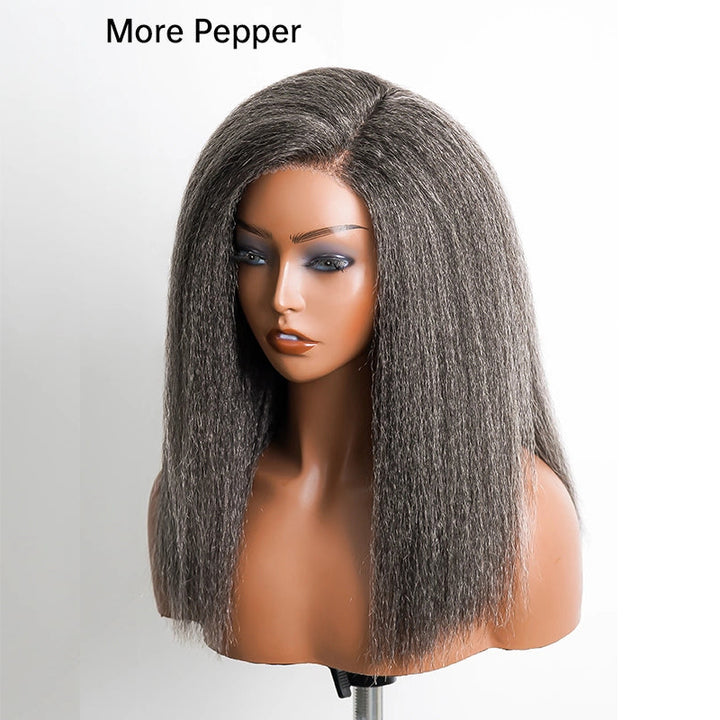 5x5 Closure Kinky Straight Salt & Pepper Free Parting Glueless Human Hair Wig Gray Color Pre-Cut Lace Bob Wig