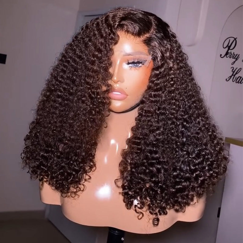 Natural Black/Dark Brown Deep Curly Human Hair Wig with C-Part 6x6/13x6 Transparent Lace Frontal Wig 300% Density