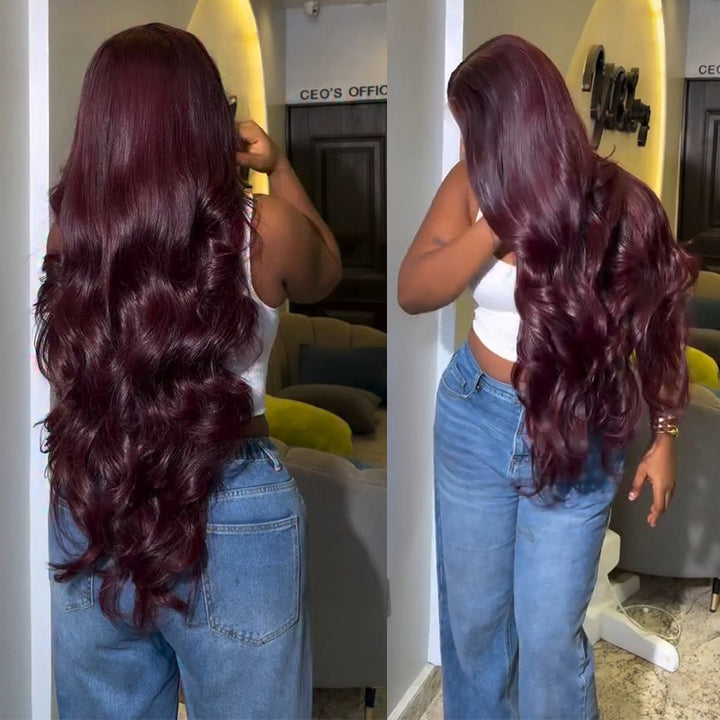 99J Burgundy Body Wave Human Hair Wig 6x6 13x6 Transparent Lace Frontal Wig 300% Density