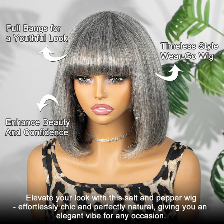Salt & Pepper Straight Human Hair Bob Wig With Bangs 5x5 Glueless Lace Closure Wig For Black Women