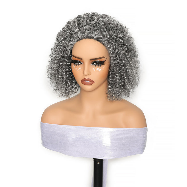Salt & Pepper Jerry Curly 3 In 1 Flip Over Half Wig Natural Grey Wear And Go Glueless 100% Human Hair Wig With Drawstring