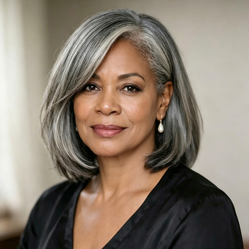 Standard Salt & Pepper Short Straight Bob Wig 5x5 Glueless Gray Color Lace Closure Human Hair Wigs For Mature Women