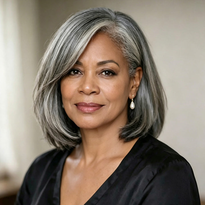 Standard Salt & Pepper Short Straight Bob Wig 5x5 Glueless Gray Color Lace Closure Human Hair Wigs For Mature Women