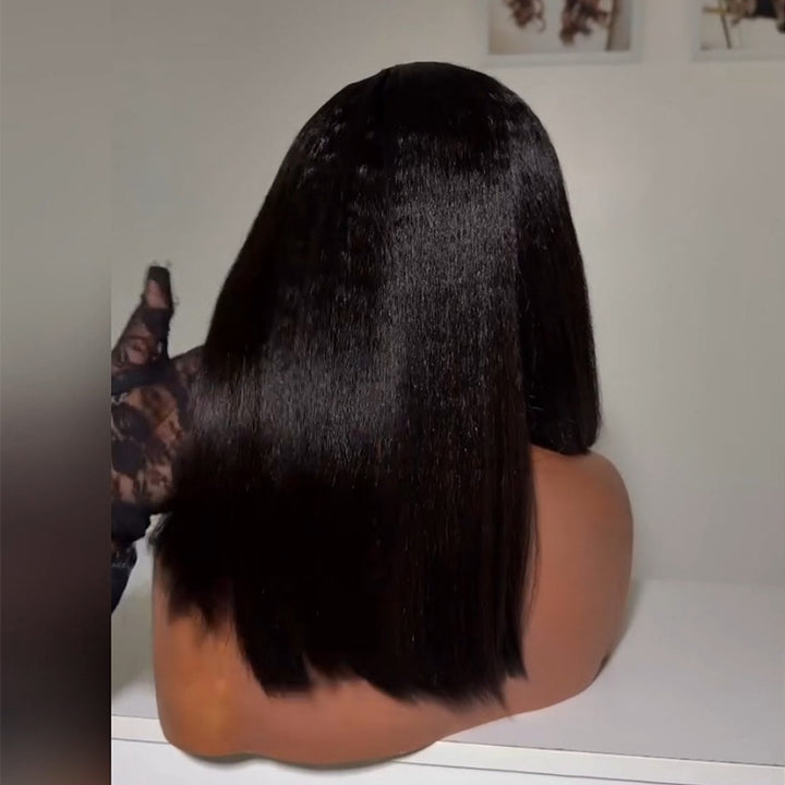 4C Edges Hairline Kinky Straight Human Hair Bob Wig 5x5 Pull To Go Lace Closure Yaki Bob Wig With Adjustable Drawstring