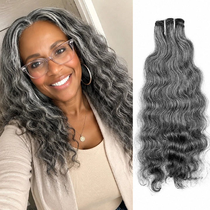 Salt & Pepper Indian Wavy Natural Gray Human Hair Bundles 100% Brazilian Virgin Remy Hair Extensions