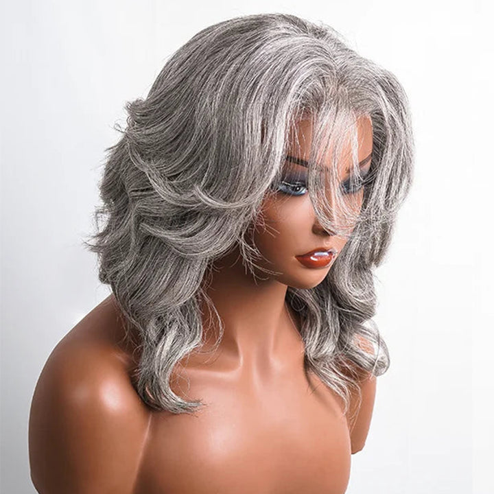 5x5 Salt And Pepper Glueless Layered Cut Body Wave Human Hair Wig Gray Color Pre-Cut Lace Bob Wig